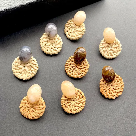 Boheemse Handgeweven Rotan Hars Druppel Oorbellen Vintage Geometrische Marmeren Patroon Stro Oorbellen Voor Vrouwen Sieraden