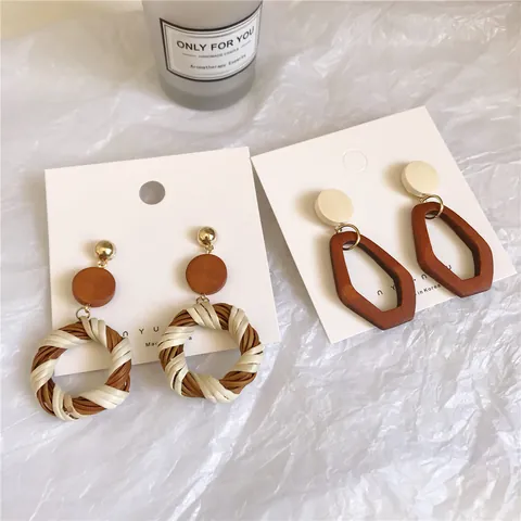 Vintage Wooden Rattan Braided Drop Earrings For Women Geometric Splicing Bohemian Style Korea Fashion Ear Studs Jewelry Accessories