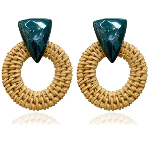 Bohemian Rattan Woven Round Drop Earrings For Women Resin Triangle Geometric Stud Earrings Vintage Vacation Jewelry Gift
