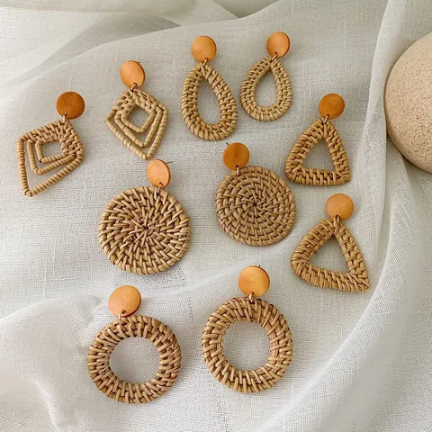 Bohemian Handmade Rattan Woven Earrings Geometric Wood Straw Drop Dangle Jewelry For Women Summer Beach Vacation Holiday