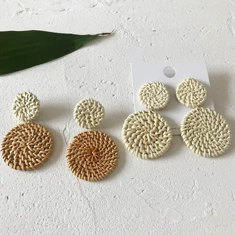 Boheems Dubbel Rond Geweven Rotan Hangende Oorbellen Handgemaakte Stro Hout Geometrische Sieraden Voor Vrouwen Vakantie