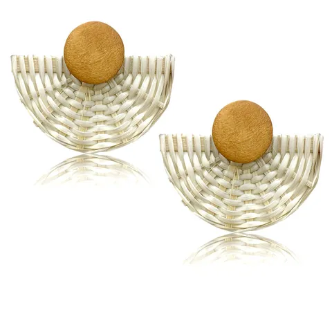 Bohemian Rattan Woven Fan Shaped Stud Earrings For Women Handmade Straw Wood Pineapple Pattern Vintage Ethnic Jewelry