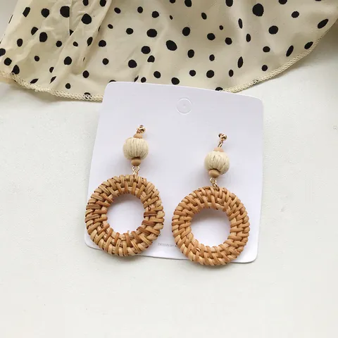 Handmade Rattan Woven Drop Earrings For Women Bohemian Straw Geometric Circle Triangle Dangle Earrings Beach Jewelry Gift