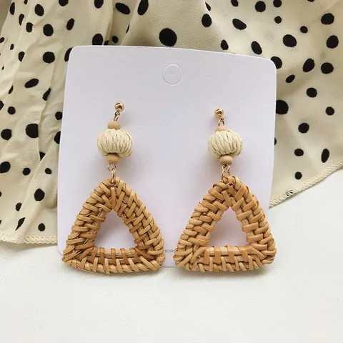 Handmade Rattan Woven Drop Earrings For Women Bohemian Straw Geometric Circle Triangle Dangle Earrings Beach Jewelry Gift
