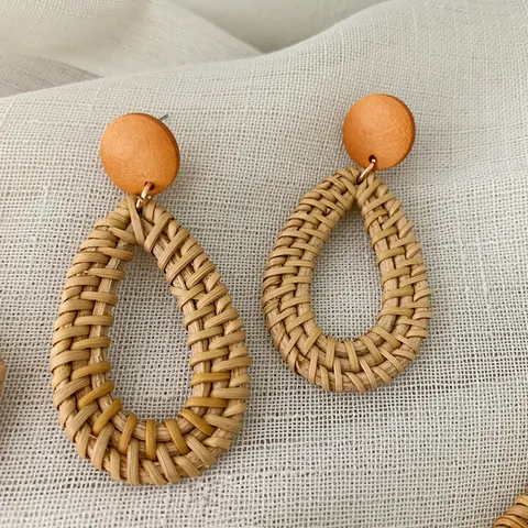 Bohemian Handmade Rattan Woven Earrings Geometric Wood Straw Drop Dangle Jewelry For Women Summer Beach Vacation Holiday