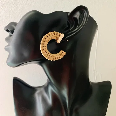 Bohemian Rattan Woven C-Shape Hoop Earrings With 925 Sterling Silver Earring Post Geometric Straw Earrings For Women