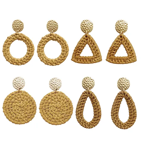 Bohemian Rattan Woven Drop Earrings For Women Geometric Hammered Gold Alloy Teardrop Circle Triangle Handcrafted Vacation Jewelry