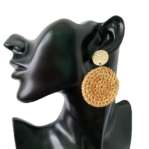 Bohemian Rattan Woven Drop Earrings For Women Geometric Hammered Gold Alloy Teardrop Circle Triangle Handcrafted Vacation Jewelry