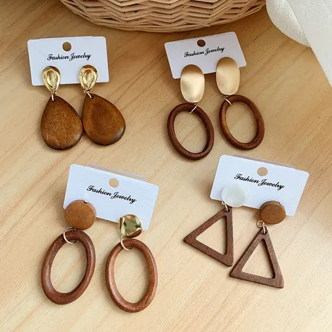 Vintage Geometrische Holz Ohrhänger Für Damen Vergoldete Legierung Hohl Dreieck Tropfen Oval Statement Ohrringe Schmuck