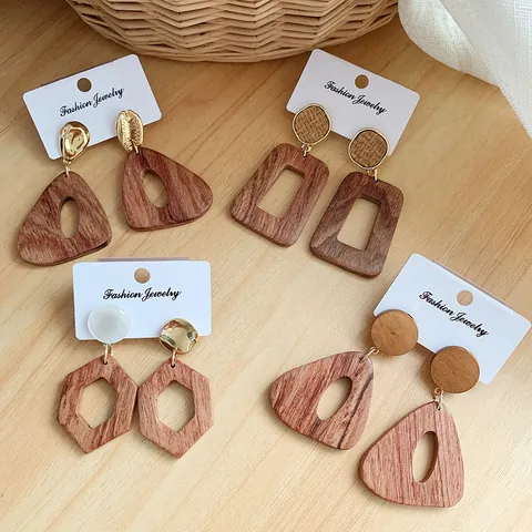 Bohemian Geometric Wood Drop Earrings For Women Retro Natural Wooden Asymmetric Triangle Rectangular Hexagon Alloy Earrings Jewelry