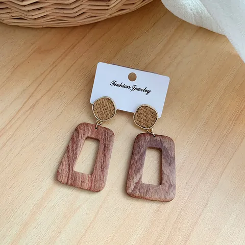 Bohemian Geometric Wood Drop Earrings For Women Retro Natural Wooden Asymmetric Triangle Rectangular Hexagon Alloy Earrings Jewelry