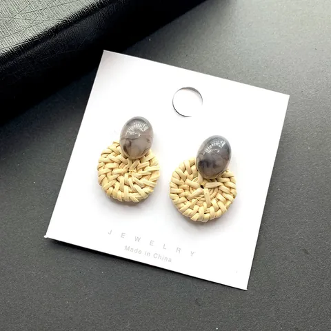 Boheemse Handgeweven Rotan Hars Druppel Oorbellen Vintage Geometrische Marmeren Patroon Stro Oorbellen Voor Vrouwen Sieraden