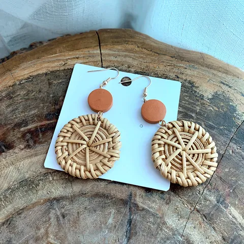 Bohemian Woven Rattan Drop Earrings Handmade Straw Geometric Wood Statement Summer Beach Vacation Jewelry