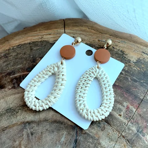 Bohemian Woven Rattan Drop Earrings Handmade Straw Geometric Wood Statement Summer Beach Vacation Jewelry
