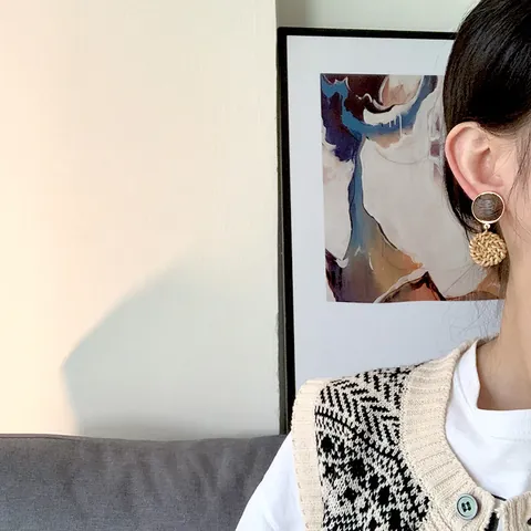 Vintage Bohemian Rattan Woven Drop Earrings For Women Geometric Wood Alloy Contrast Color Handmade Earrings Jewelry