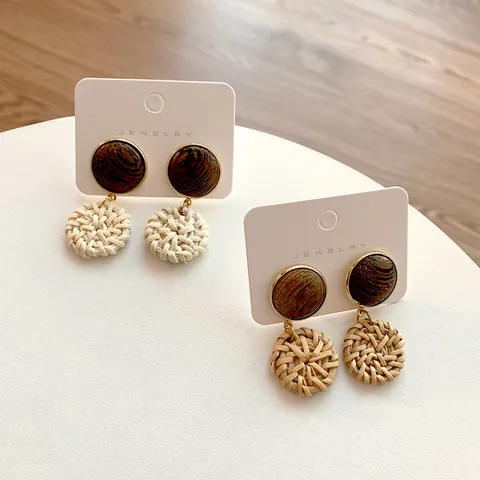 Vintage Bohemian Rattan Woven Drop Earrings For Women Geometric Wood Alloy Contrast Color Handmade Earrings Jewelry