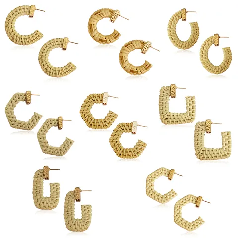 Bohemian Handmade Rattan Woven Hoop Earrings With 925 Sterling Silver Earring Post Gold Hammered Metal Vacation Jewelry