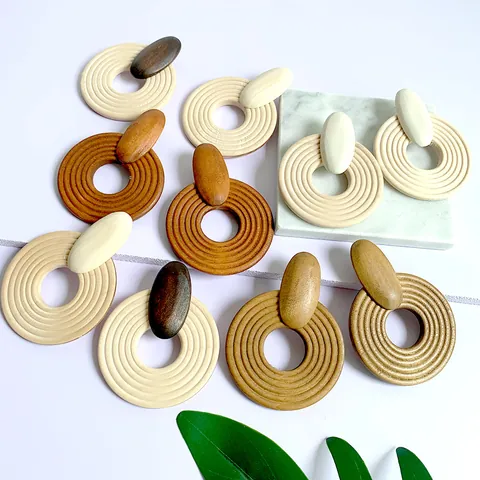Boho Vintage Naturholz Geometrische Ohrhänger Große Runde Konzentrische Kreise Spirale Textur Holz Ohrringe Für Damen Schmuck