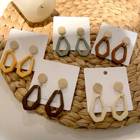Vintage Geometric Wooden Drop Earrings With Steel Post Korean Style Hollow Irregular Wood Ear Studs For Women Daily Jewelry