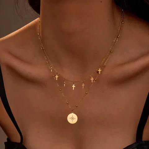 Vintage Edelstahl Doppelschichtige Halskette Für Damen Gold Silber Galvanisiert Kreuz Stern Rundplatte Strass Halskette Schmuck