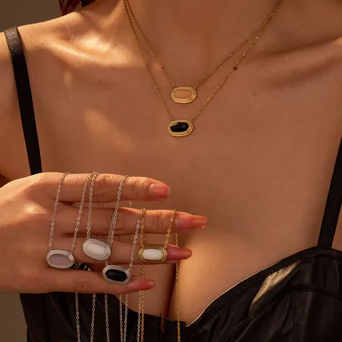 Roestvrij Staal 18K Goud Verguld Ovaal Geometrisch Hanger Ketting Voor Vrouwen Elegant Zwarte Agaat Rozenkwarts Witte Steen Inlay Sleutelbeen Ketting Sieraden Cadeau
