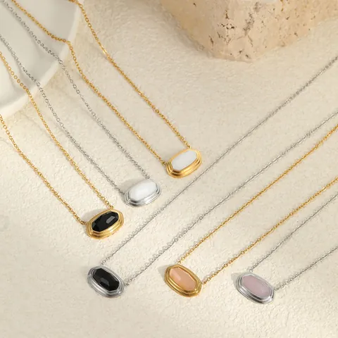 Roestvrij Staal 18K Goud Verguld Ovaal Geometrisch Hanger Ketting Voor Vrouwen Elegant Zwarte Agaat Rozenkwarts Witte Steen Inlay Sleutelbeen Ketting Sieraden Cadeau