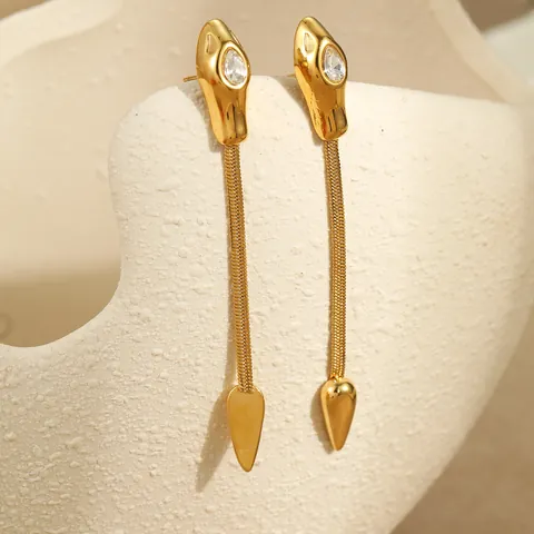 Stainless Steel Snake Bone Chain Long Dangle Earrings For Women Gold Plated Animal Pattern Inlaid Rhinestone Drop Earrings