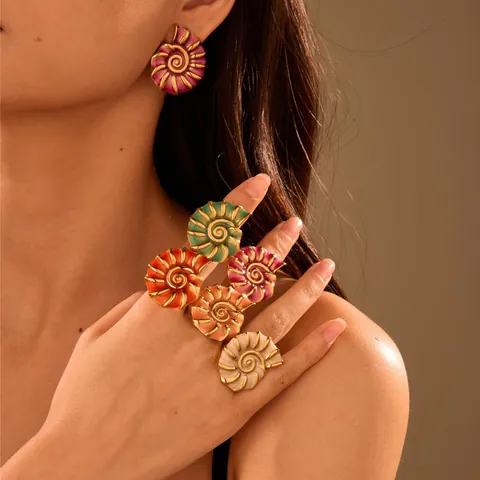 Vintage Ocean Style Conch Shell Earrings And Ring Set Stainless Steel 18K Gold Plated Enamel Sea Snail Jewelry For Women
