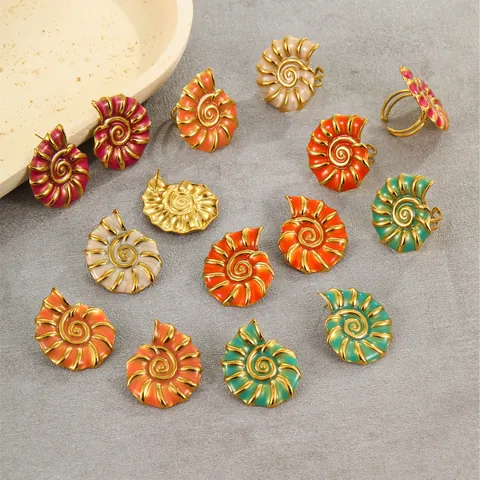 Vintage Ocean Style Conch Shell Earrings And Ring Set Stainless Steel 18K Gold Plated Enamel Sea Snail Jewelry For Women