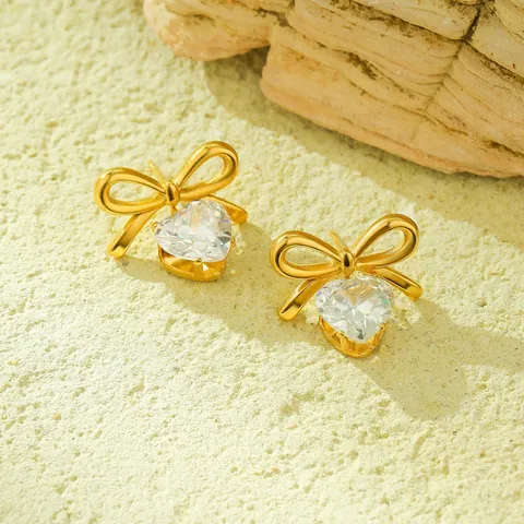 Stainless Steel Bow Knot Earrings Women 18K Gold Plated Rhinestone Heart Butterfly Tassel Dangle Stud Fashion Jewelry