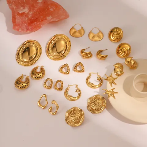 18K Goud Vergulde Roestvrijstalen Oorbellen Voor Dames Vintage Ins Stijl Geometrisch Gehamerd Ster Maan Luxe