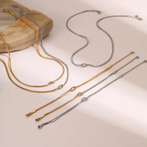 Juego de Joyas de Acero Inoxidable Minimalista Cadena de Serpiente Doble Nudo Collar Pulsera Pendientes Oro Plata Bicolor
