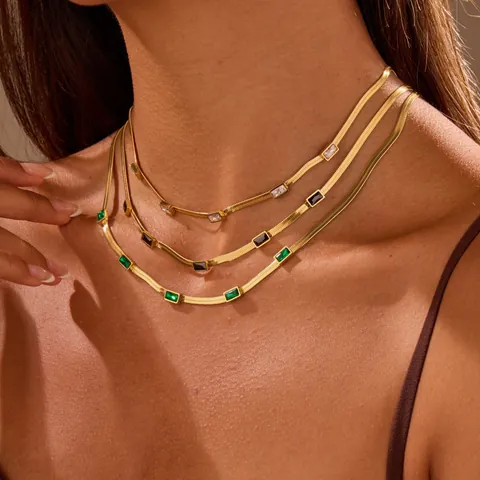 Stainless Steel Square Zirconia Snake Chain Necklace For Women Retro Geometric Gold Silver Plated Flat Herringbone Link Necklace