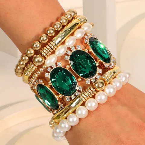 Juego de Pulseras Multicapa Estilo Palacio Vintage Bohemio Aleación Diamante de Imitación Perla Artificial Joyería de Mano para Mujer