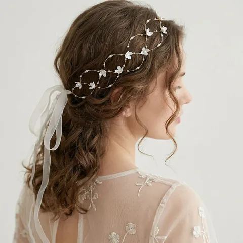 Fascia Sposa Fatta a Mano in Lega d'Oro con Fiori Perle Artificiali e Nastro di Organza Accessori Capelli Matrimonio Vintage Donna