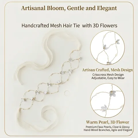 Fascia Sposa Fatta a Mano in Lega d'Oro con Fiori Perle Artificiali e Nastro di Organza Accessori Capelli Matrimonio Vintage Donna