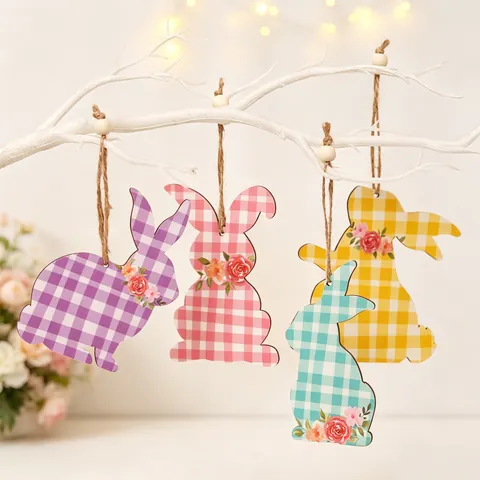 Colgantes De Conejo De Pascua De Madera Decoraciones Colgantes Cuadros Patrón Floral Adornos De Fiesta Primavera