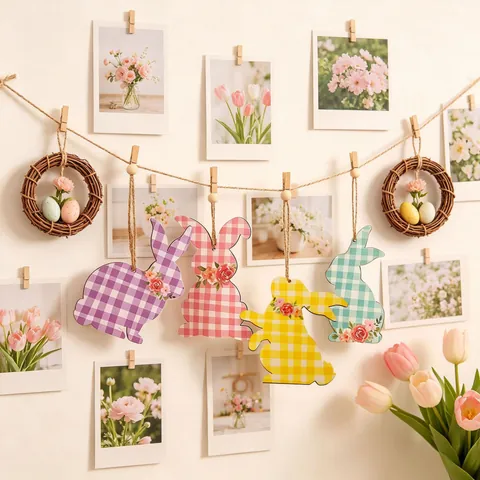 Colgantes De Conejo De Pascua De Madera Decoraciones Colgantes Cuadros Patrón Floral Adornos De Fiesta Primavera