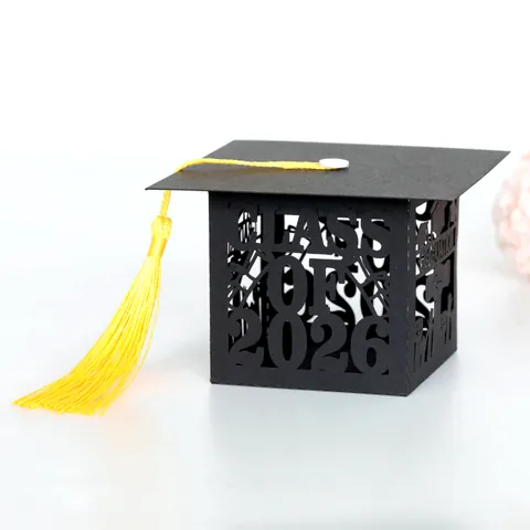 Graduation Cap Doctoral Hat Shape Candy Box Laser Cut Paper Gift Box With Tassel Class Of 2026 For Party Celebration Jewelry