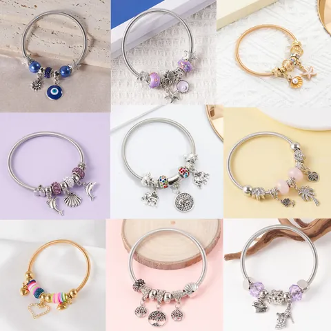 Vintage Elephant Sunflower Evil Eye Charm Bracelet For Women Alloy DIY Drip Oil Beaded Spring Elastic Bracelet Jewelry