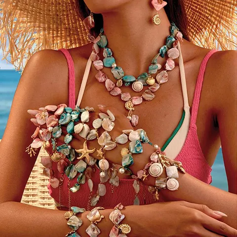 Bijoux Bohèmes en Acier Inoxydable Océan Coquillage Étoile de Mer pour Femmes Rose Bleu Blanc Collier Boucles d'Oreilles Bracelet Plage