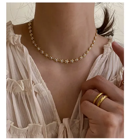 Französisch Vintage Vergoldet Legierung Gänseblümchen Blume Choker Halskette Für Damen Weiß Blau Emaille Floral Schmuck