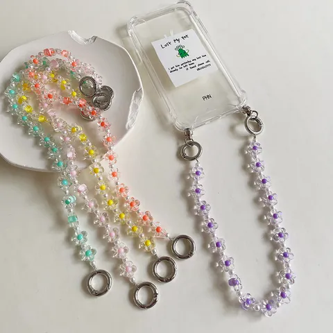 Korean Ins Style Cute Acrylic Flower Phone Chain Handmade Beaded Phone Charm Strap Decorative Anti-lost Lanyard For Women