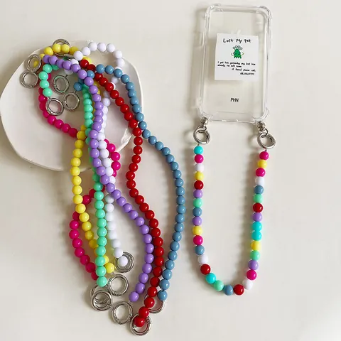 Korean Style Candy Color Round Bead Phone Chain For Women Trendy Detachable Acrylic Beaded Phone Strap Decorative Lanyard Finger Ring Clip