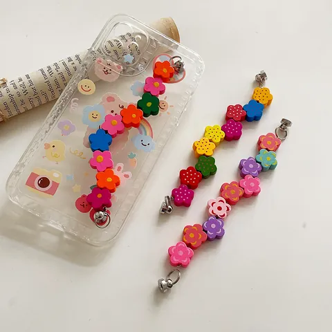 Korean Ins Colorful Wooden Flower Phone Chain For Women Cute Painted Floral Bead Detachable Phone Lanyard Hanging Charm