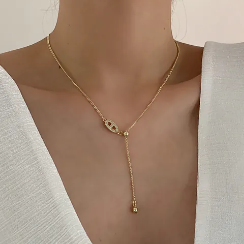 Dames Koreaans Elegant Legering Zirkonia Varkensneus Hanger Ketting Verstelbare Y-Ketting Goud Zilver Sleutelbeen Sieraden Verjaardagscadeau