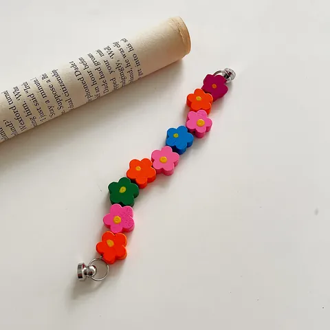 Korean Ins Colorful Wooden Flower Phone Chain For Women Cute Painted Floral Bead Detachable Phone Lanyard Hanging Charm