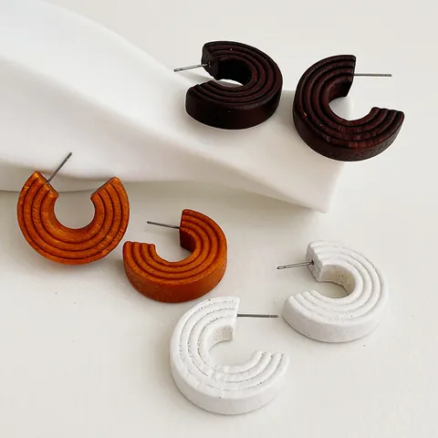 Vintage Wooden C-Shape Hoop Earrings With 925 Sterling Silver Earring Post Retro Geometric Ripple Stud Earrings For Women