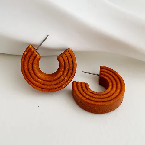 Vintage Wooden C-Shape Hoop Earrings With 925 Sterling Silver Earring Post Retro Geometric Ripple Stud Earrings For Women