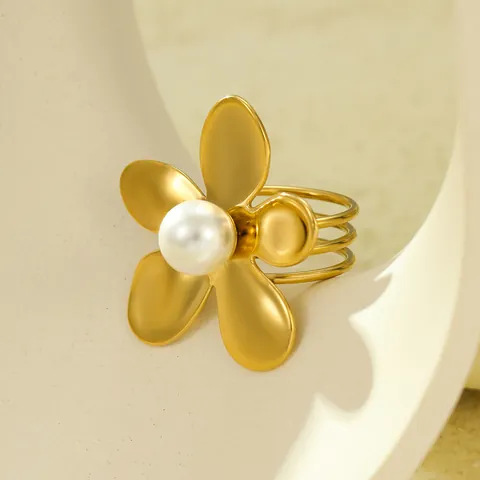 Anillo de Hebilla de Bufanda de Flor Dorada de Acero Inoxidable Con Perla Artificial de Imitación Joyería de Moda para Mujer